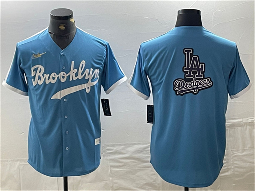 Men's Light Blue Los Angeles Dodgers Team Big Logo Throwback Cool Base Stitched Baseball Jersey